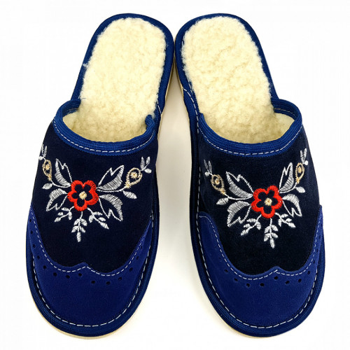 Papuci de Casa din Piele Intoarsa Imblaniti cu Lana Model &#039;London Brogue Inspire&#039; Dark Blue