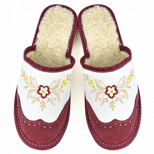 Papuci de Casa din Piele Intoarsa Imblaniti cu Lana Model &#039;London Brogue&#039; Red Plump