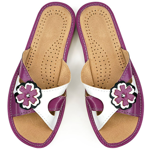 Papuci de Casa Vara din Piele Culoare Alb/Violet Model &#039;Anemone&#039;