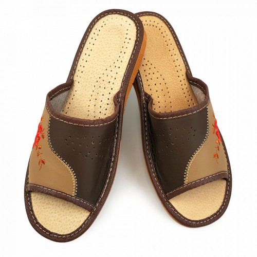 Papuci de Casa Vara din Piele Culoare Maro Model &#039;Edelweiss&#039;