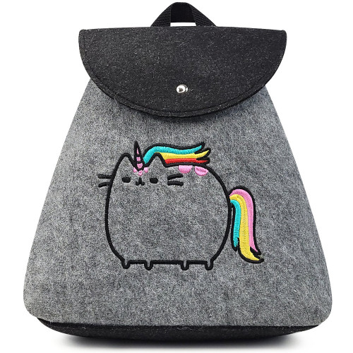 Rucsac din Postav cu Maner si Bretele Model 'Rainbow Kitty' Gray