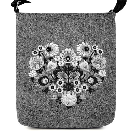 Geanta din Postav cu Maner Lung Model 'Flower Heartbeats' Monochroem