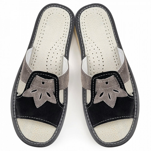 Papuci de Casa Dama Material Piele Culoare Negru/Gri Model &#039;Mystic Queen&#039;