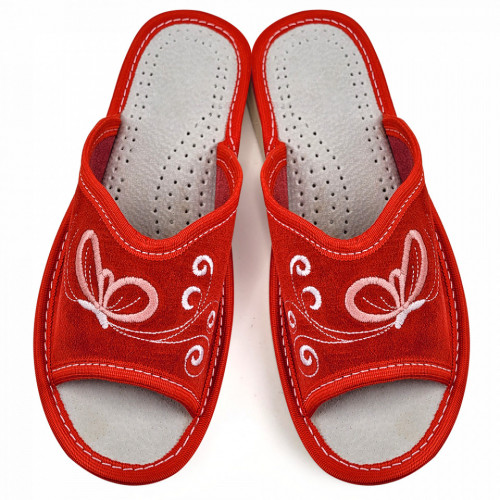 Papuci de Casa Dama Material Piele Intoarsa Culoare Rosu Model &#039;Dream Butterflies&#039;