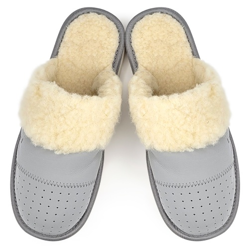 Papuci de Casă de Damă din Piele și Lână Model 'Elegance in Simplicity' Gray - Lim Art