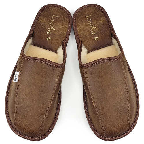 Papuci de Casa din Piele cu Talpa Groasa Îmblăniți cu Lână , Model &#039;Luxury Man&#039; Heat