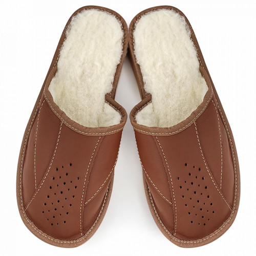 Papuci de Casa din Piele Imblaniti cu Lana Culoare Maro Model &#039;Monte Carlo&#039;