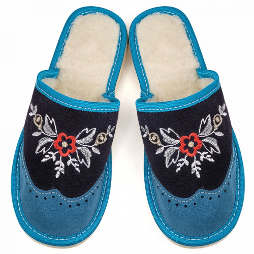 Papuci de Casa din Piele Intoarsa Imblaniti cu Lana Model &#039;London Brogue&#039; Turquoise