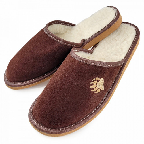 Papuci de Casa din Piele Intoarsa Imblaniti cu Lana Naturala Model &#039;Touching Bear&#039; Brown