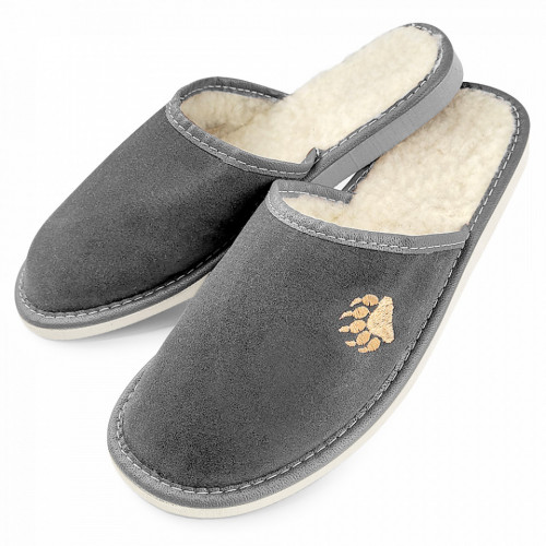 Papuci de Casa din Piele Intoarsa Imblaniti cu Lana Naturala Model &#039;Touching Bear&#039; Gray