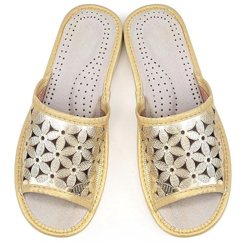 Papuci de Casa dinl Piele Culoare Auriu Model &#039;Flower Patrol&#039; Gold