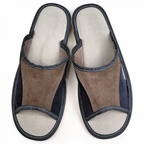 Papuci de Casa Vara din Piele Intoarsa Culoare Albastru/Maro Model &#039;Blue Jeans&#039;