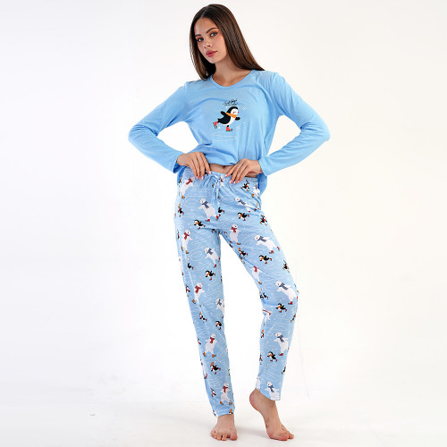 Pijamale Dama din Bumbac 100% Vienetta, Model &#039;Great Think Take Time&#039; Blue