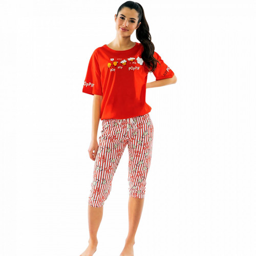 Pijamale Dama Vienetta din Bumbac cu Pantalon 3/4 Model &#039;Poppin&#039; Red&#039;