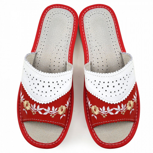 Papuci de Casa Dama Material Piele Culoare Alb/Rosu Model &#039;Sensual Step&#039; 🌺
