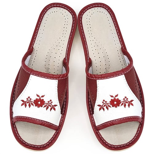 Papuci de Casa Dama Material Piele Culoare Rosu/Alb Model &#039;Bohemian Times&#039;