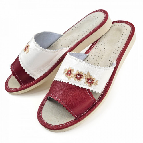 Papuci de Casa Dama Material Piele Culoare Visiniu/Alb Model &#039;Dark Cherry&#039; 🍒
