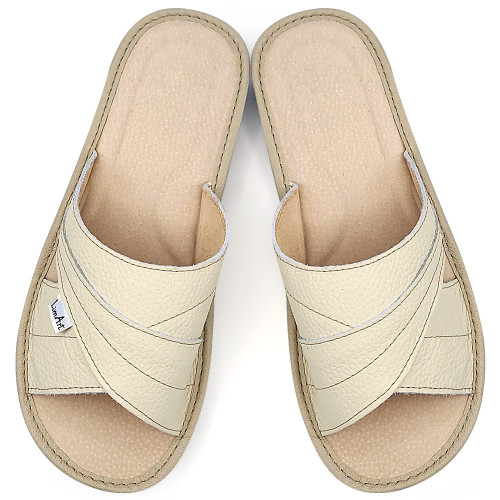 Papuci de Casa din Piele cu Talpa Groasa Culoare Crem, Model 'Luxury Feet' Cream