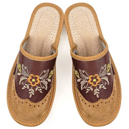 Papuci de Casa din Piele Culoare Maro, Model &#039;Summer London Brogue&#039;