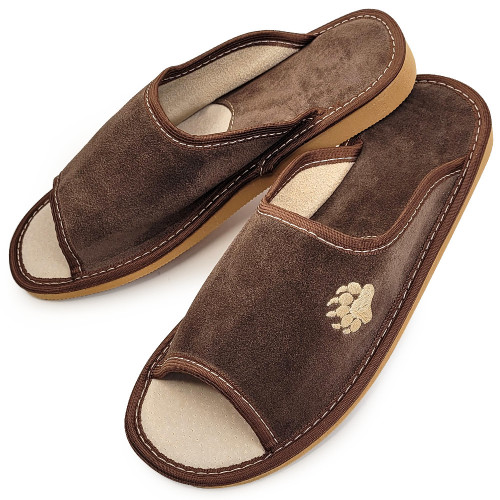 Papuci de Casa din Piele Intoarsa Model &#039;Wild Bear&#039; Culoare Maro