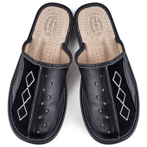 Papuci de Casa din Piele Neagră Model 'Geometric Aproch' Black | Confort și Stil, Design Modern