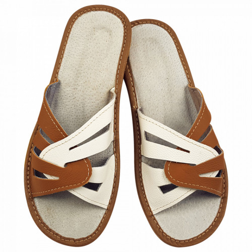 Papuci de Casa Vara din Piele Culoare Crem/Maro Model &#039;Imperial Feet&#039;