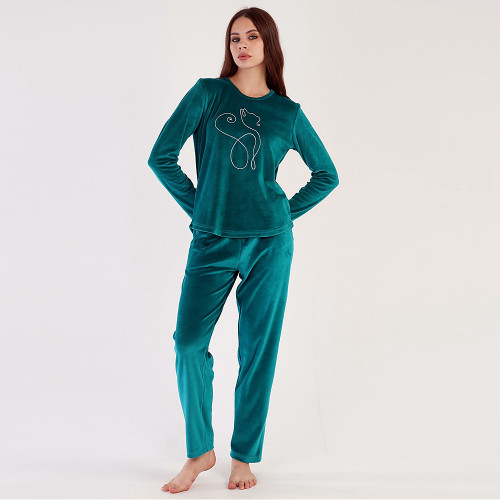 Pijamale Dama din Soft Velur Vienetta Model 'Sweet Kitty' Green