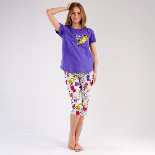 Pijamale Dama Vienetta din Bumbac 100%, Model &#039;Born To Be Happy&#039; Purple
