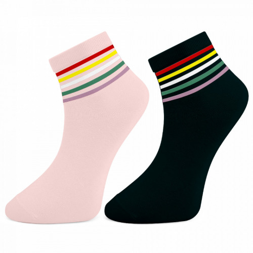 Sosete Clasice Dama 2 Perechi Culori Roz si Negru Model 'Rainbow Lines'