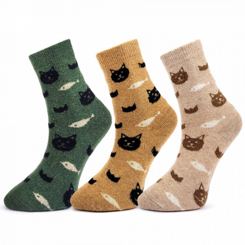 Șosete din Lână Set 3 Perechi Model 'Wool Kitty' Culoare Crem Ocru si Verde