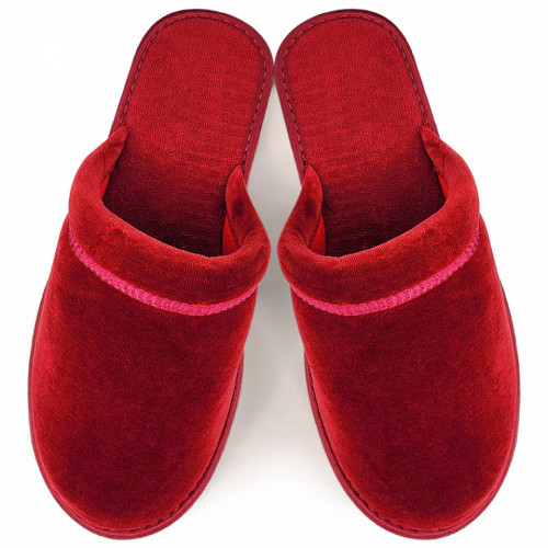 Papuci de Casa Dama din Velur si Bumbac Flausat Model &#039;Velvety Feelings&#039; Culoare Rosu