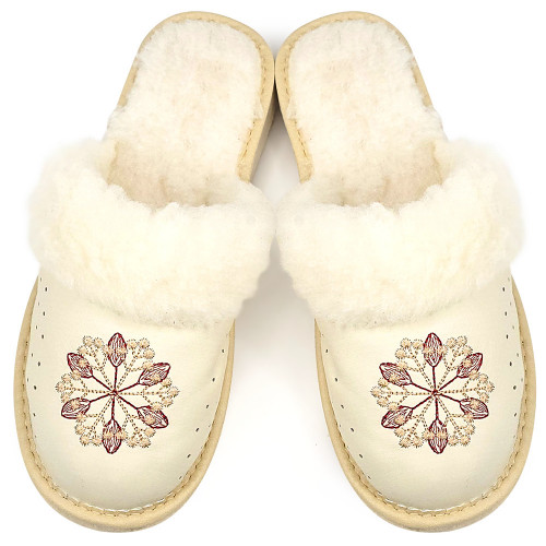 Papuci de Casa Dama Imblaniti cu Lana de Oaie Model 'Creation' Cream