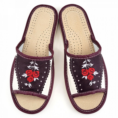 Papuci de Casa Dama Material Piele Culoare Visiniu/Alb Model &#039;Jaipur Rose&#039;