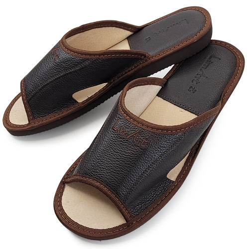 Papuci de Casa din Piele cu Talpa Groasa Culoare Maro, Model &#039;Luxury Man&#039; Dark Brown