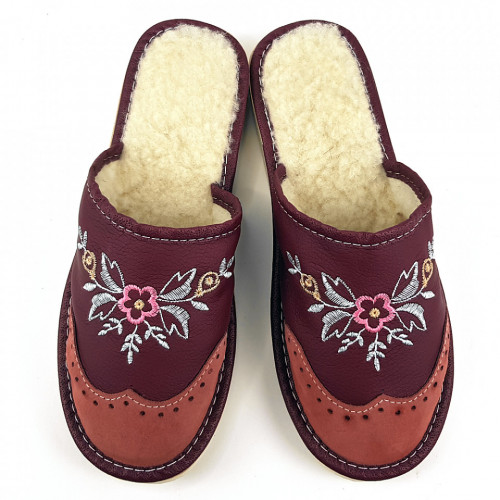 Papuci de Casa din Piele Intoarsa Imblaniti cu Lana Model &#039;London Brogue Inspire&#039; Burgund