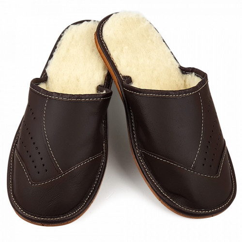 Papuci de Casa din Piele si Lana de Oaie Culoare Maro Model &#039;Brown Heather&#039;