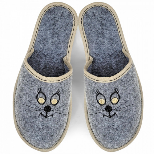 Papuci de Casa din Postav Model &#039;Meow ... Meow&#039; Culoare Gri