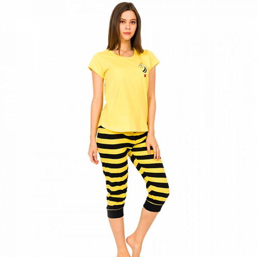 Pijamale Dama Vienetta din Bumbac cu Pantalon 3/4 Model &#039;Bee Happy&#039;