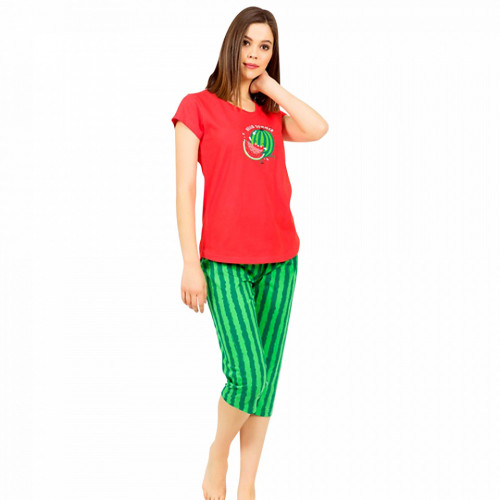 Pijamale Dama Vienetta din Bumbac cu Pantalon 3/4 Model 'Hello Summer' Red