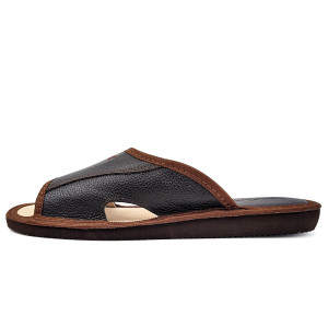 Papuci de Casa din Piele cu Talpa Groasa Culoare Maro, Model 'Luxury Man' Dark Brown