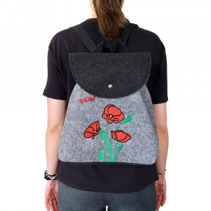 Rucsac din Postav cu Maner si Bretele Model 'Beauty of Poppies' Gray