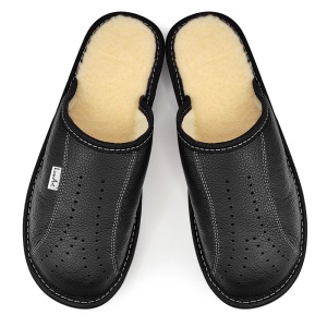 'Luxury Woman' Thick Sole Leather Slippers with Wool Lining Model Black