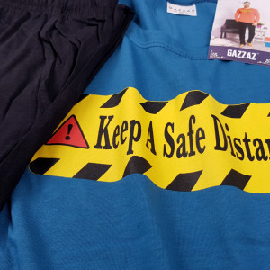 Pijamale Barbati Bumbac 100% Gazzaz by Vienetta 'Keep a Safe Distance' Blue