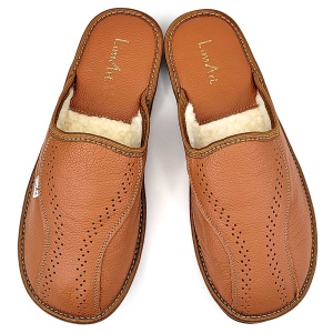 Men's Leather Slippers with Wool Lining Model 'Luxury Man' Classic Brown | Premium Warmth & Comfort