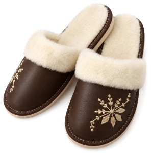 Papuci de Casă Damă Îmblăniți cu Lână Model 'Frost Kiss' Dark Brown