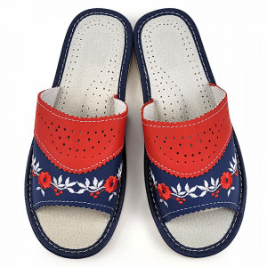 Papuci de Casa Dama Material Piele Culoare Albastru/Rosu Model 'Season of Happiness'