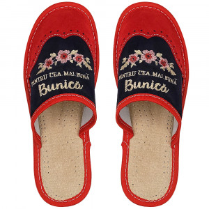 Papuci de Casa Dama Material Piele Model 'Pentru Cea Mai Buna Bunica' Red/Black