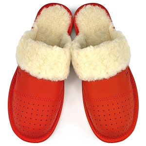 Papuci de Casă de Damă din Piele și Lână Model 'Elegance in Simplicity' Red - Lim Art