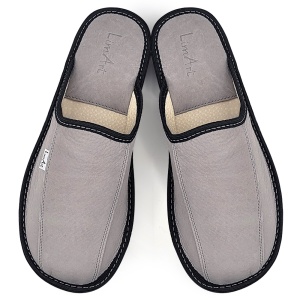 Papuci de Casa din Piele cu Talpa Groasa Culoare Gri, Model 'Luxury Man' Classic Gray