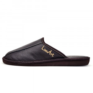 Papuci de Casa din Piele Îmblăniți cu Lână , Model 'Luxury Man' Dark Brown